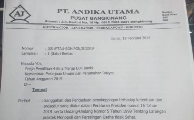 Laporan PT. Andika Utama ke Pokja Pemilihan 4 BM ULP Jambi Kementrian PU PR Tahun 2019