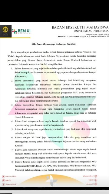 Ketua BEM UI Buat Rilis Resmi, Ogah Ketemu Jokowi