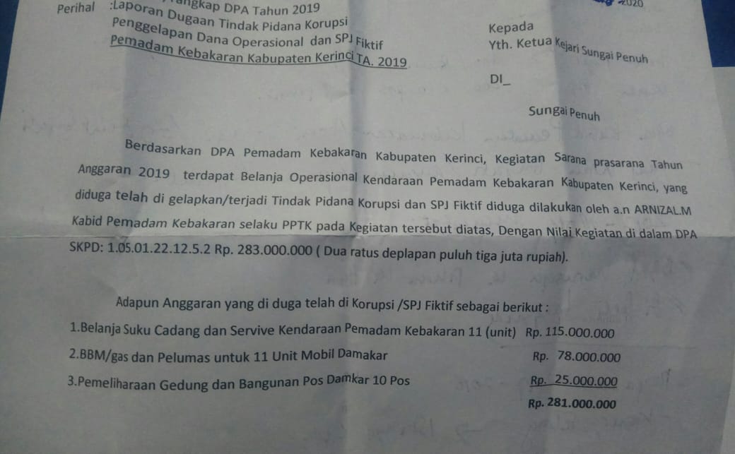 Diduga Korupsi Ratusan Juta, Arnizal Kabid Damkar Kerinci Dilaporkan ke Kejaksaan