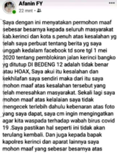 Pemilik Akun Penyebar Berita Hoax Ditutupnya Jalan Kerinci-Bangko Minta Maaf