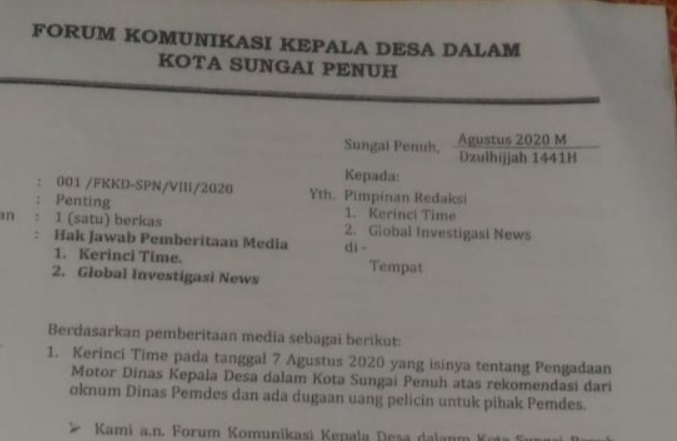 Dituding Ada Uang Pelicin Pengadaan Motor Dinas Kades di Sungai Penuh, Ini Penjelasan Ketua Forumnya