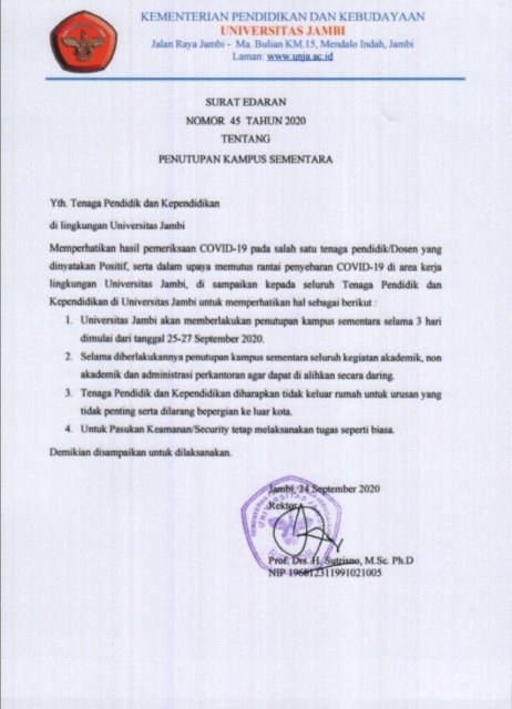 Satu Dosen Universitas Jambi Postif Covid, Kampus Ditutup