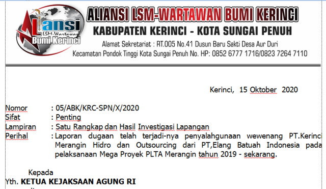 PT. KMH dan PT.Elang Batuah Pelaksana Mega Proyek PLTA Kerinci Dilaporkan ke Kejagung