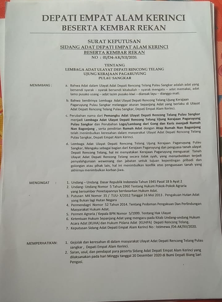 Ini Surat Keputusan Sidang Adat Depati Empat Alam Kerinci Beserta Kembar Rekan