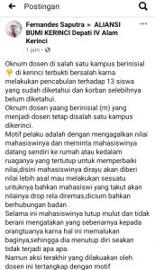 Heboh di Medsos, Oknum Dosen di Kerinci Lakukan Pelecehan Seksual terhadap Belasan Mahasiswinya