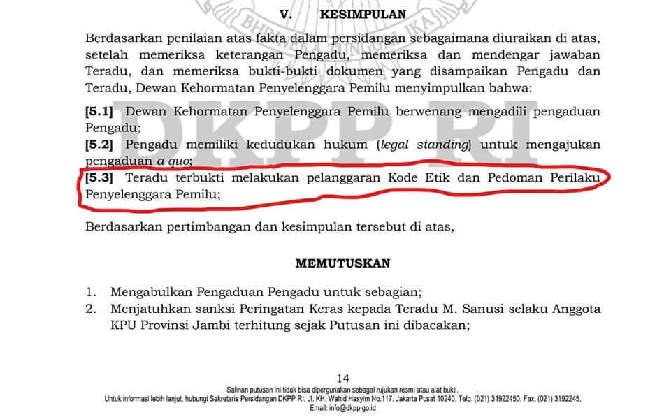 Parah! Putusan DKPP Belum Dieksekusi, KPU Jambi Cuma Akan Ingatkan Sanusi