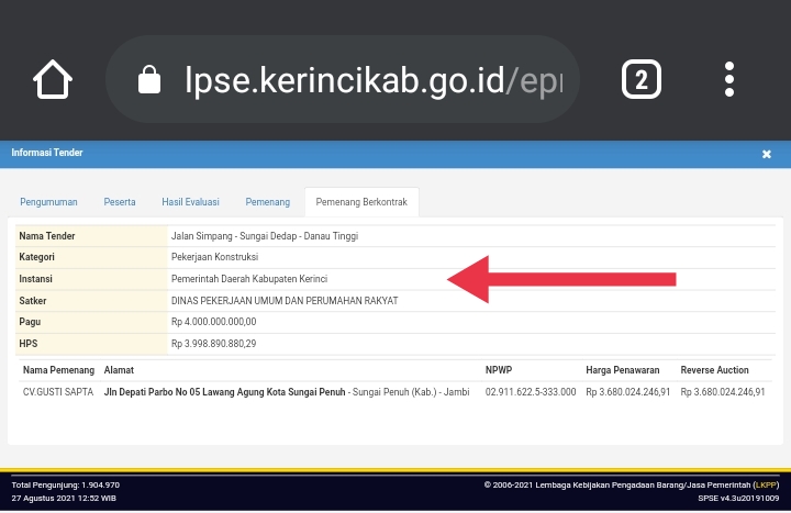 Mantap! Pemenang Berkontrak Jalan Sungai Dedap Sudah Tampil di LPSE