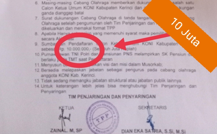 Wauu! Syarat Daftar Calon Ketua KONI Kerinci Harus Bayar 10 Juta