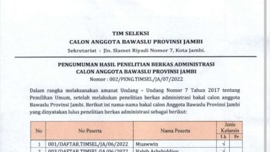 Pengumuman Hasil Penelitian Berkas Administrasi Calon Anggota Bawaslu Provinsi Jambi