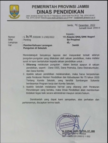 Dilarang Ada Pungutan Apapun di SMA dan SMK di Provinsi Jambi