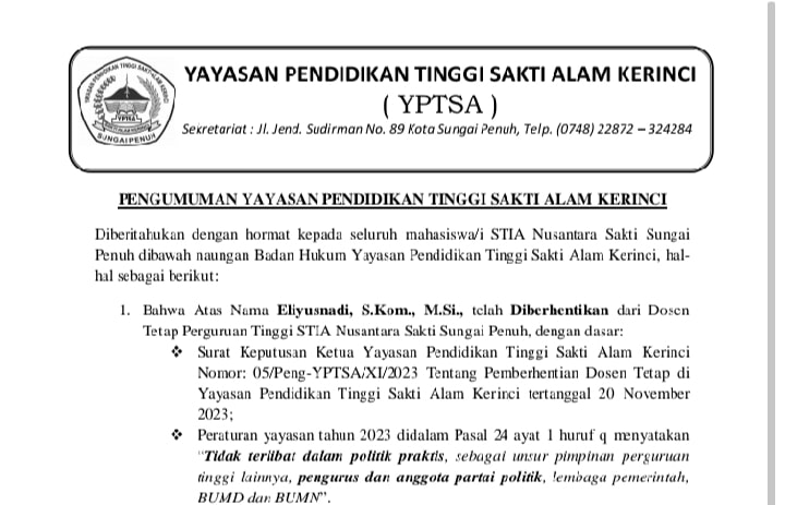 Pengumuman Yayasan Pendidikan Tinggi Sakti Alam Kerinci