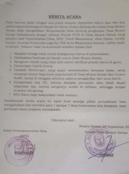 7 Kesepakatan Masyarakat Muara Hemat yang Harus Dipenuhi PT. KMH