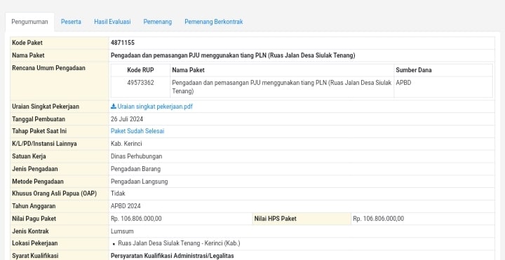 Proyek PJU Dinas Perhubungan Kerinci Disoal