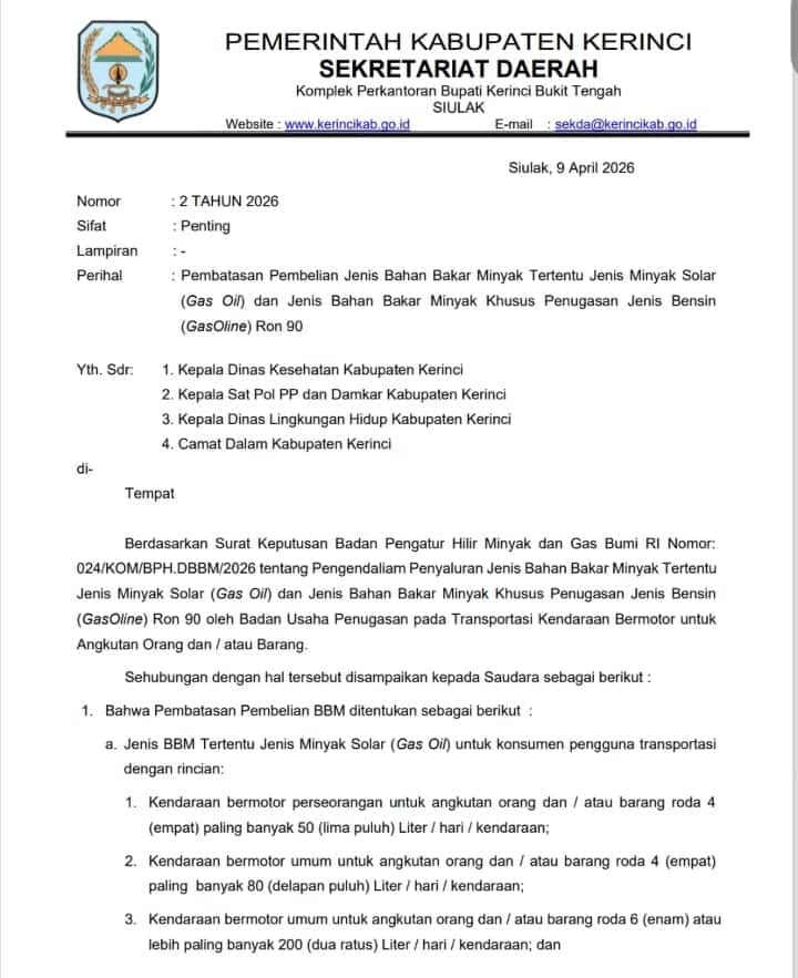 Kerinci Batasi Pembelian BBM Subsidi Kerinci Batasi Pembelian BBM Subsidi