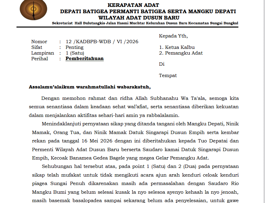 Breaking News, Tokoh Adat Dusun Empih & Dusun Baru Tegaskan Tidak Hadiri Ajun Arah 5 Lurah Breaking News, Tokoh Adat Dusun Empih & Dusun Baru Tegaskan Tidak Hadiri Ajun Arah 5 Lurah