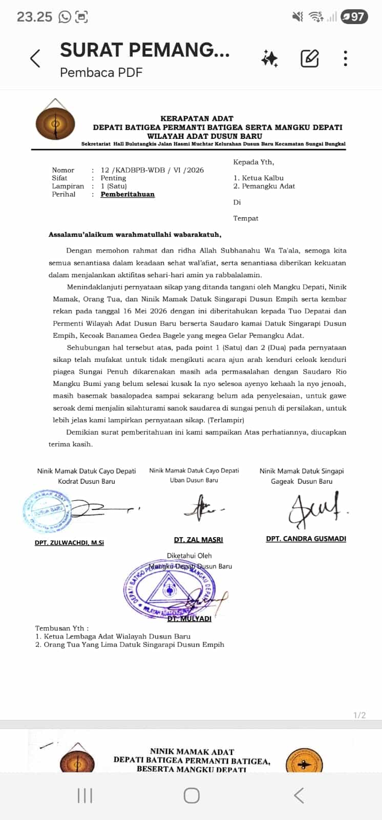 Breaking News, Tokoh Adat Dusun Empih & Dusun Baru Tegaskan Tidak Hadiri Ajun Arah 5 Lurah