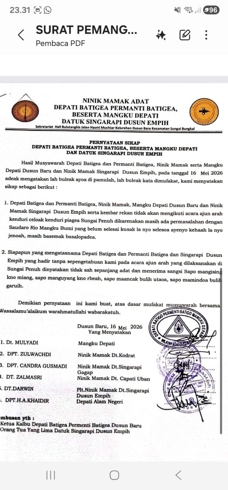 Breaking News, Tokoh Adat Dusun Empih & Dusun Baru Tegaskan Tidak Hadiri Ajun Arah 5 Lurah