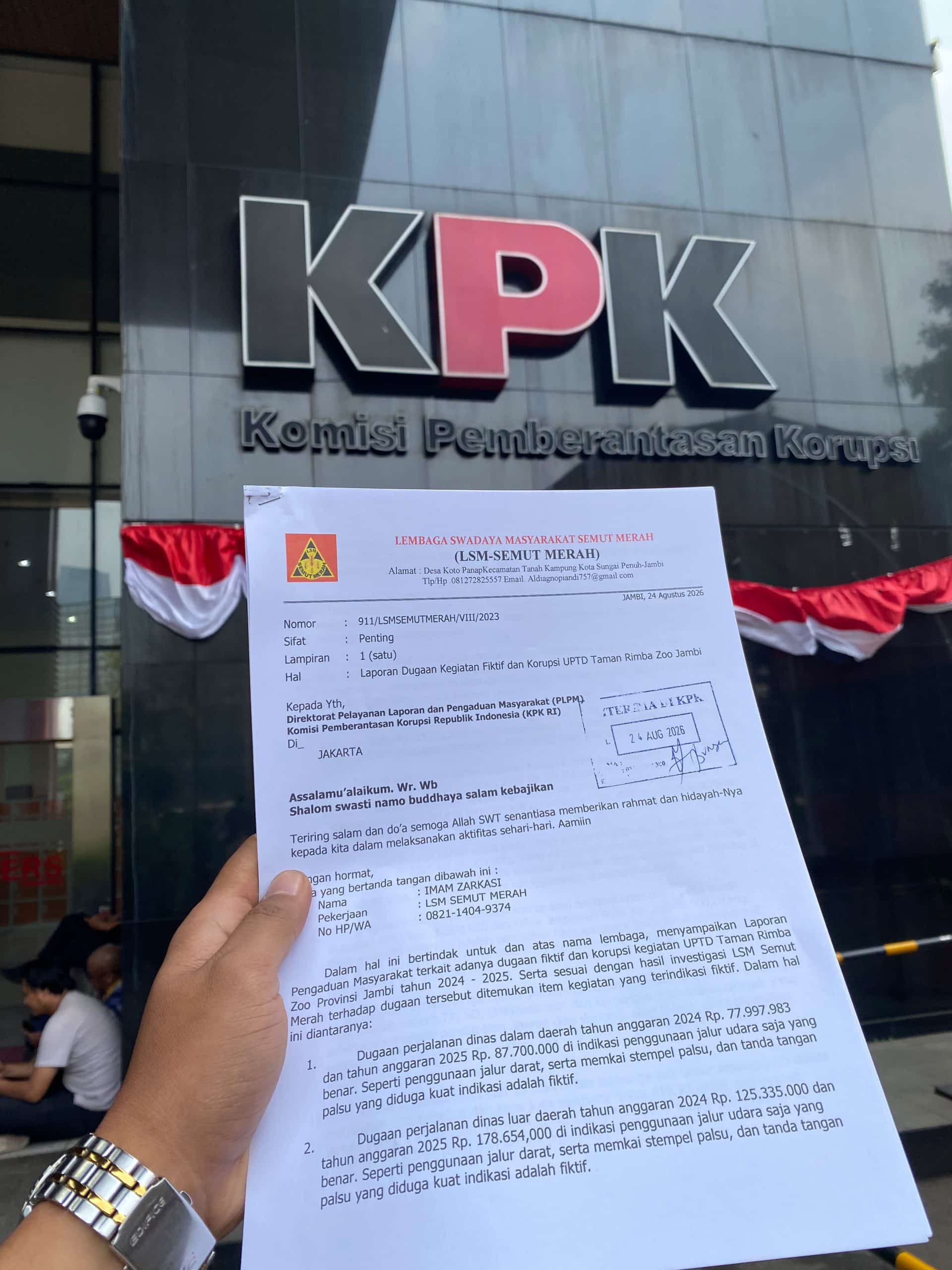 LSM Semut Merah Laporkan Dugaan Kegiatan Fiktif UPTD Taman Rimba Zoo Jambi ke KPK RI