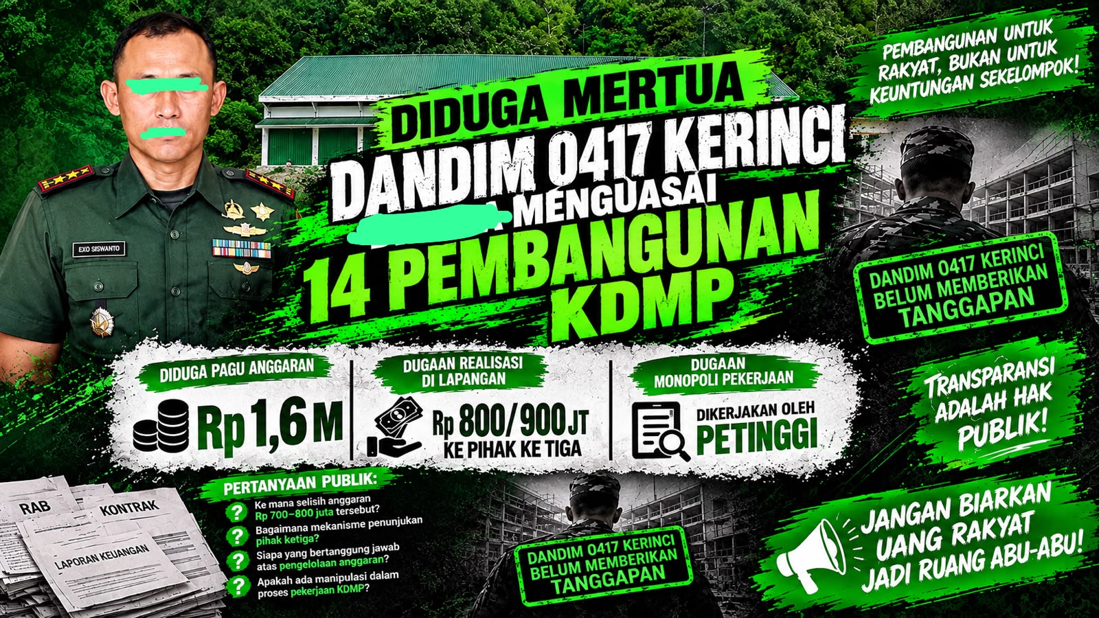 Diduga Mertua Dandim 0417 Kerinci Kuasai 14 Proyek Pembangunan KDMP, Publik Pertanyakan Transparansi